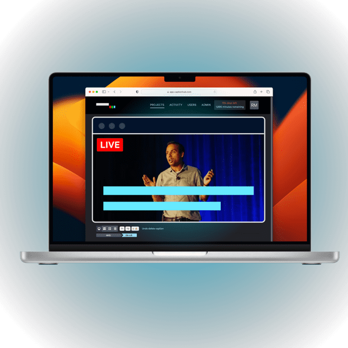 CaptionHub Live: Live events, In-room captions, webinar transcription, AI summarisation and more – in over 200 languages and CaptionHub Voiceover: AI voice and voice editing